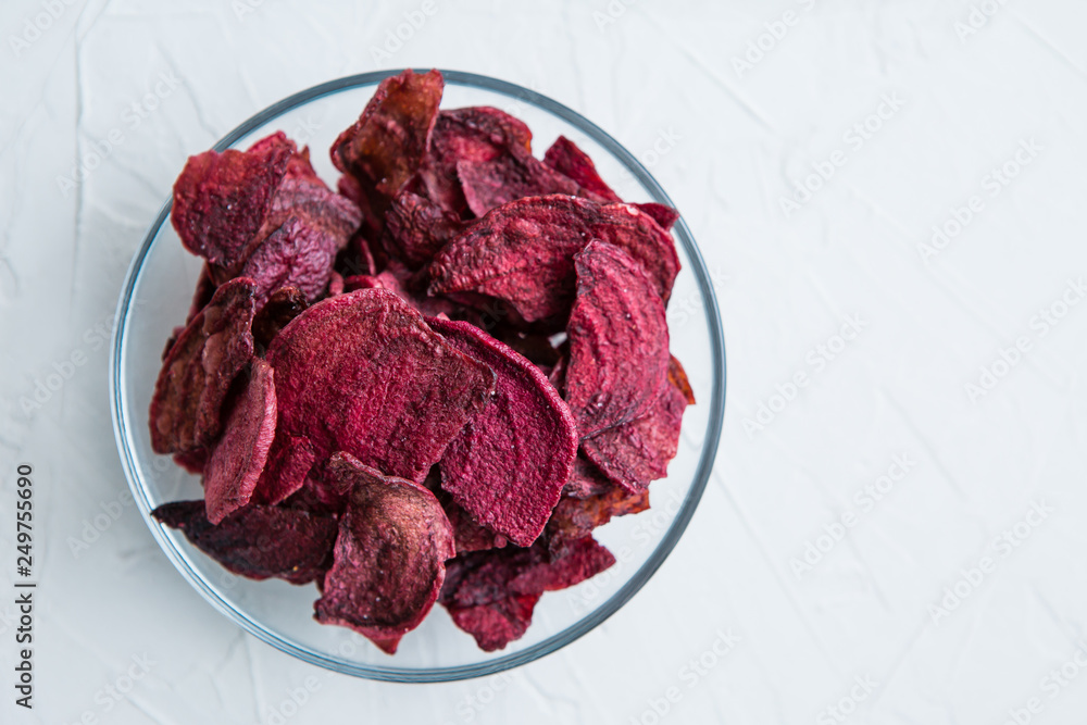 beetroot chips.Dried beetroot chips isolated on white background.copy spase.