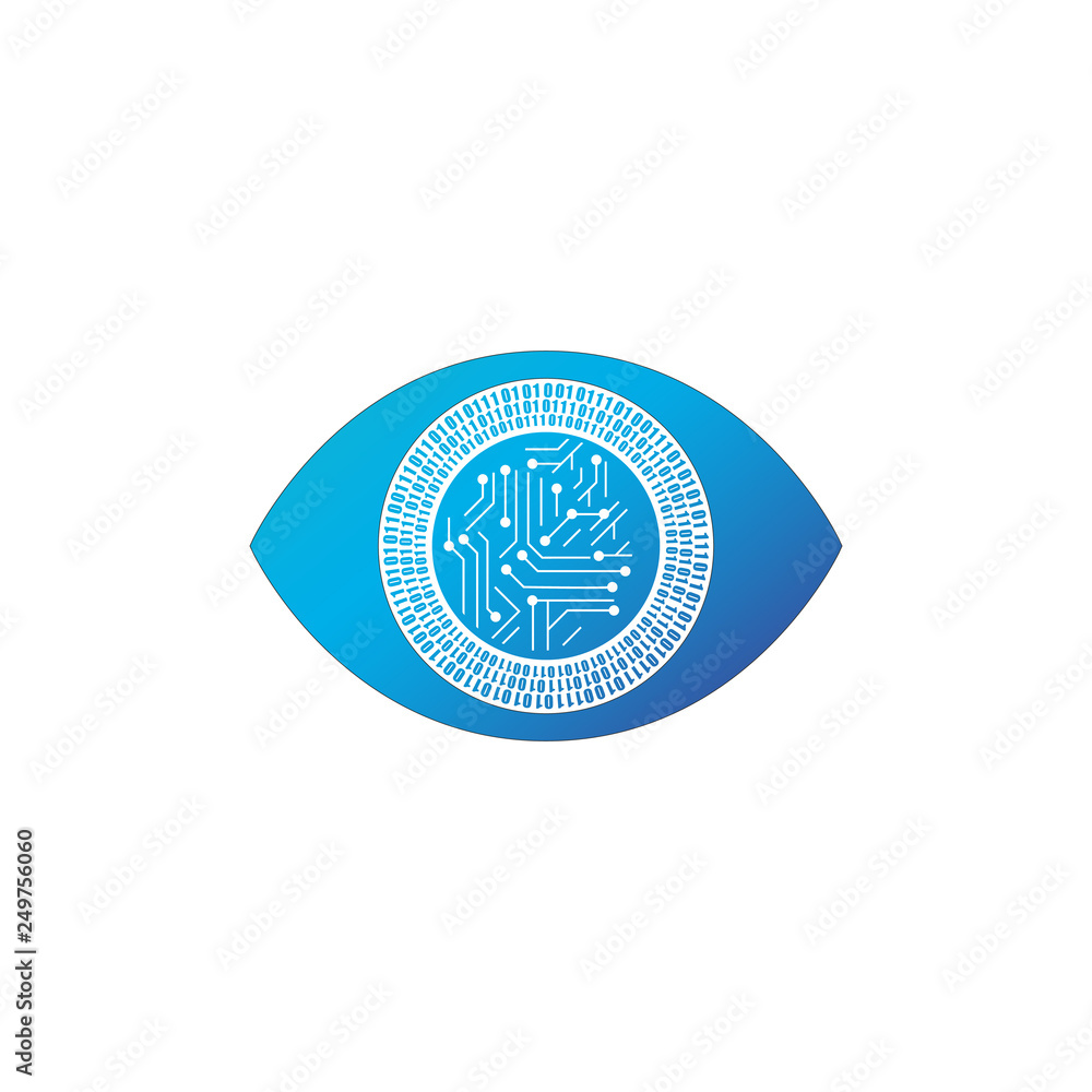 abstract futuristic digital technology eye with binary circles and motherboard lines, concept of cyber security or biometric. vector illustration isolated on white background.