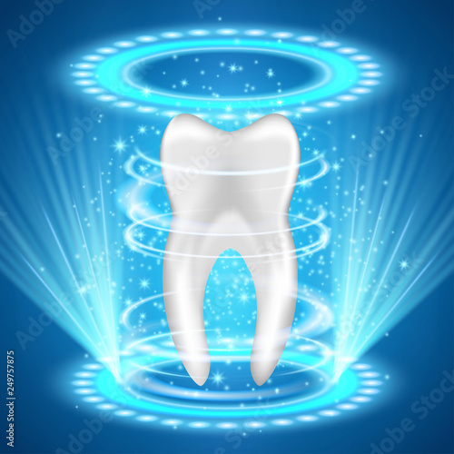 Dentist offer for tooth whitening or caries healing. Vector poster decor with shining portal and sci fi blue projector illumination. Performance scene with luxurious glow.  Advanced medical approach.