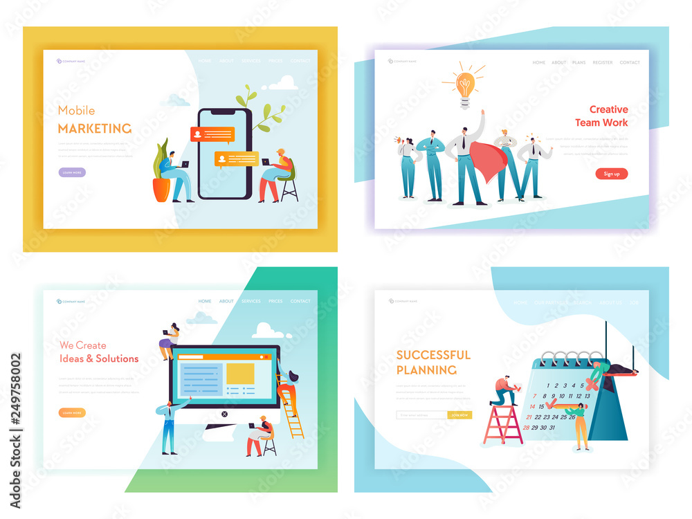 Web Development Social Media Marketing Concept Landing Page Template Set. Business Planning Team Work with Working Characters for Website Web Page Banner. Vector illustration