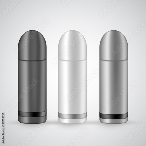 Thermo tumbler flask vector set isolated on white. Silver, black and white variants. 3d realistic icons, drink container for hiking, camping. Metallic bottles for hot beverages with space for branding
