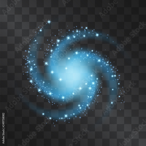 Silver glow neon blue galaxy vector light effect with orbits, shining stardust halo. Decorative glittering sparkles, nebula. Highlight energetic motion luxurious design on transparent background.