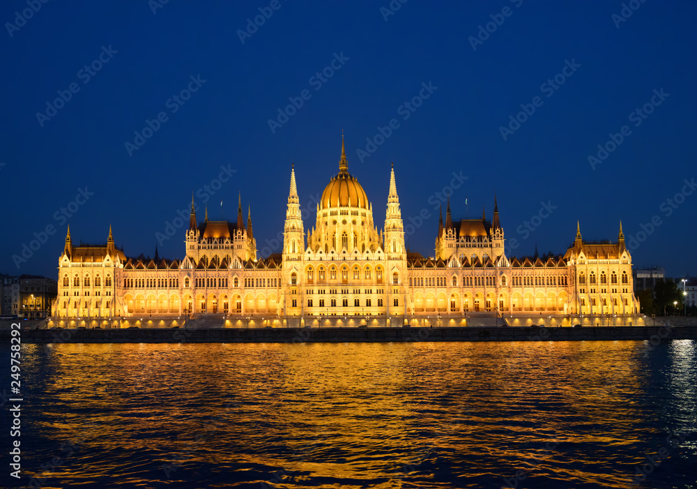 View of Hungarian Parliament Building in night lighting, Budapest.