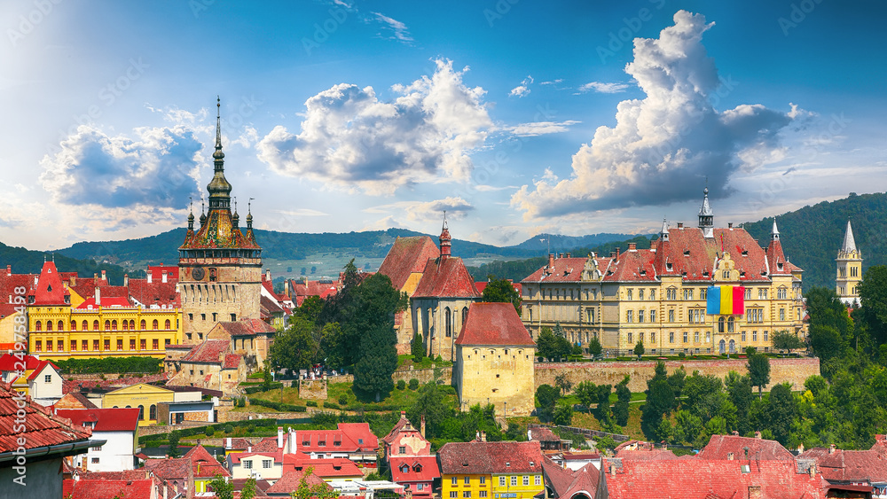 Panoramic view over the cityscape architecture in Sighisoara town - obrazy, fototapety, plakaty 