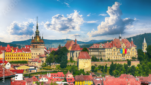 Panoramic view over the cityscape architecture in Sighisoara town photo