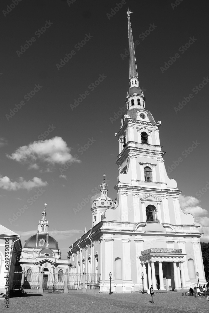 Petrine baroque cathedral on a square in black and white