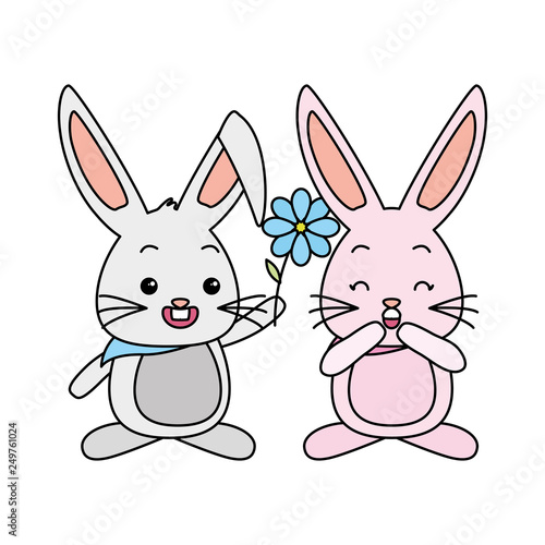 cute couple rabbits with flower