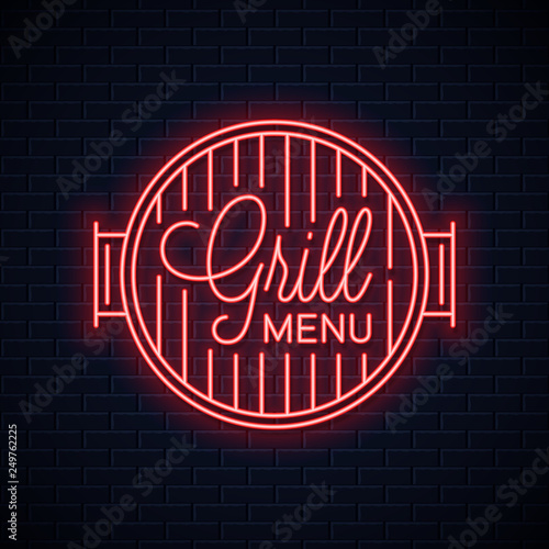 Grill menu neon logo. BBQ grill neon sign on wall