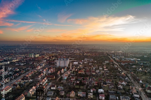 Aerial drone view over wooden radio tower in Gliwice, Silesia