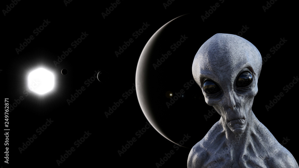 Illustration of a gray alien in space with a sun moon and silhouette of a planet in the background. Illustration of a gray alien in space with a sun moon and silhouette of a planet in the background.