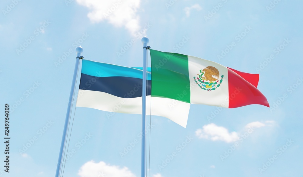 Mexico and Estonia, two flags waving against blue sky. 3d image Mexico and Estonia, two flags waving against blue sky. 3d image