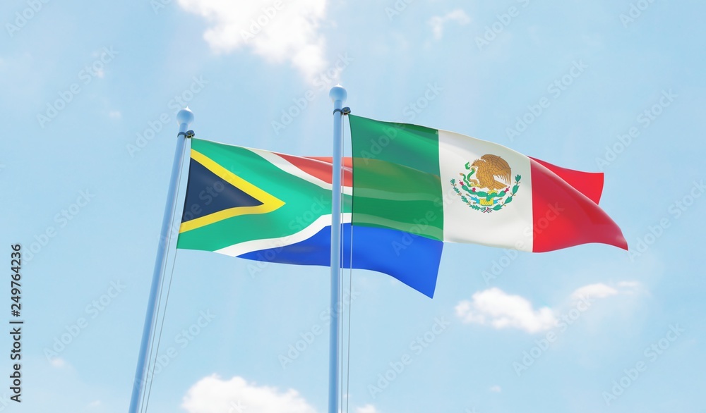 Mexico and South Africa, two flags waving against blue sky. 3d image Mexico and South Africa, two flags waving against blue sky. 3d image