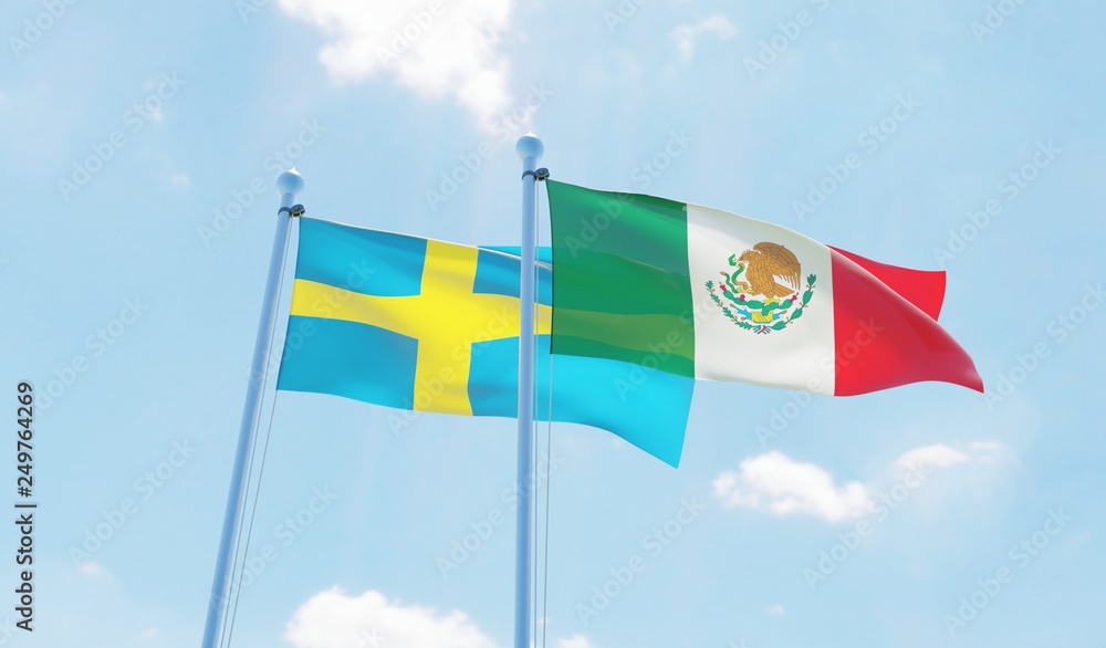 Mexico and Sweden, two flags waving against blue sky. 3d image Mexico and Sweden, two flags waving against blue sky. 3d image