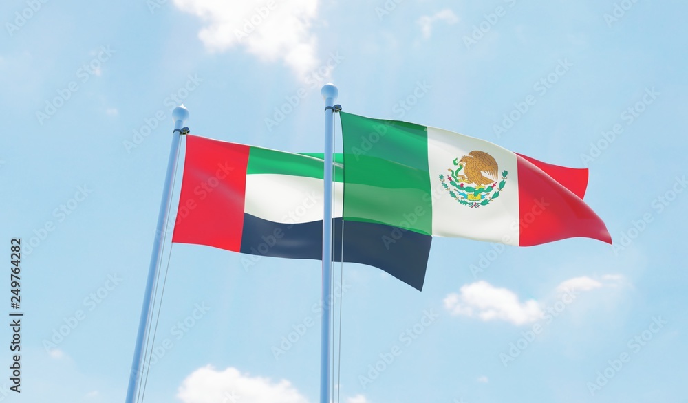Mexico and UAE, two flags waving against blue sky. 3d image Mexico and UAE, two flags waving against blue sky. 3d image