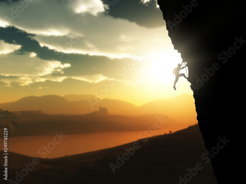 Tableau sur toile 3D extreme rock climber against a sunset landscape
