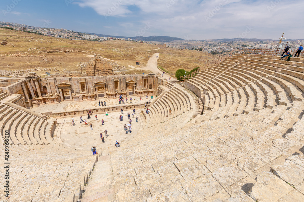 South Theater in Roman city of Jerash, Jordan. The scene and seats for audience