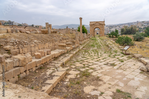 Cardo Maximus, main colonnaded street and the North tetrapylon of the Roman city of Jerash, Jordan photo