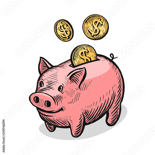 Piggy bank and gold coins. Money, bank, finance concept. Vector illustration