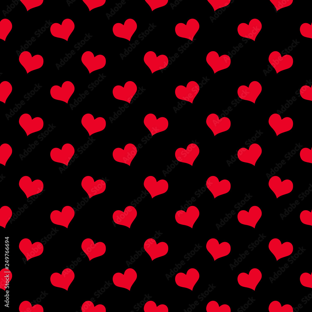 red hearts on a black background seamless pattern. Packaging design for gift wrap. Holiday Valentine's day. Vector illustration.