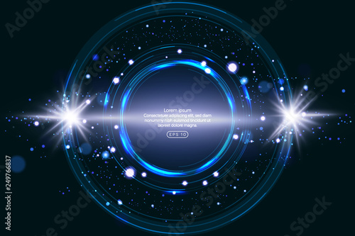 Luminous electric circle lightning atmospheric phenomenon realistic image on dark night sky blue decorative background vector illustration. Party poster or flyer abstract high voltage layout.