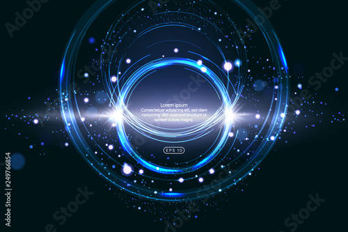 Luminous electric circle lightning atmospheric phenomenon realistic image on dark night sky blue decorative background vector illustration. Party poster or flyer abstract high voltage layout.
