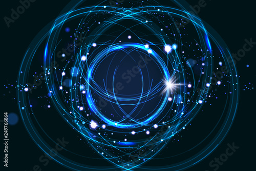 Luminous electric circle lightning atmospheric phenomenon realistic image on dark night sky blue decorative background vector illustration. Party poster or flyer abstract high voltage layout.