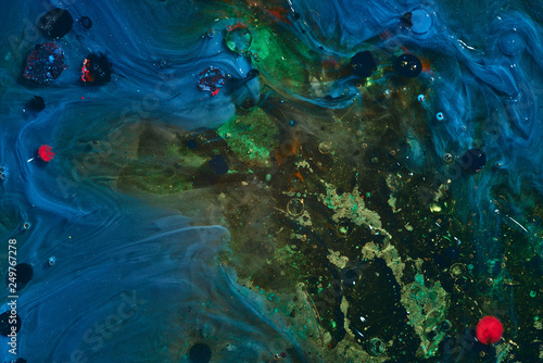 Abstract background of a drop of paint on the water surface. blue green colors © Alex