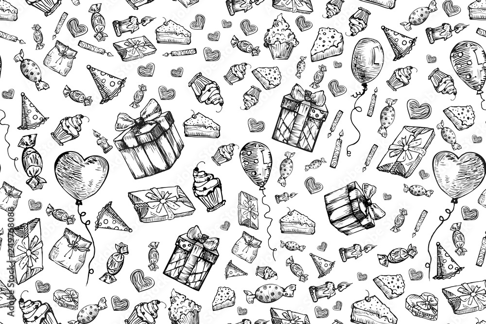 Happy Birthday seamless pattern background. Doodles Birthday sets, party blowouts, party hats, gift boxes and bows. vector illustration chalk texture isolated on black background.