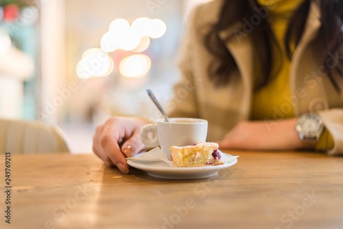 girl holding cup of coffee. coffee time background