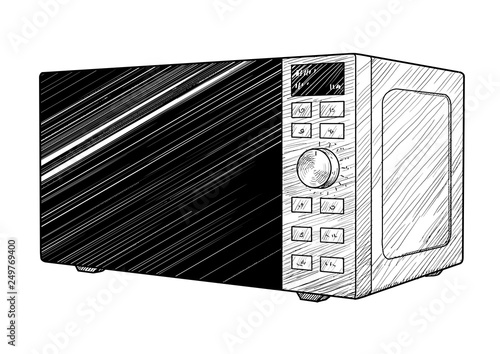 Microwave oven illustration, drawing, engraving, ink, line art, vector