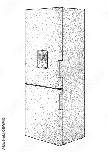 Refrigerator illustration, drawing, engraving, ink, line art, vector