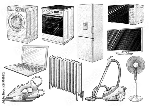 Household appliances collection illustration, drawing, engraving, ink, line art, vector