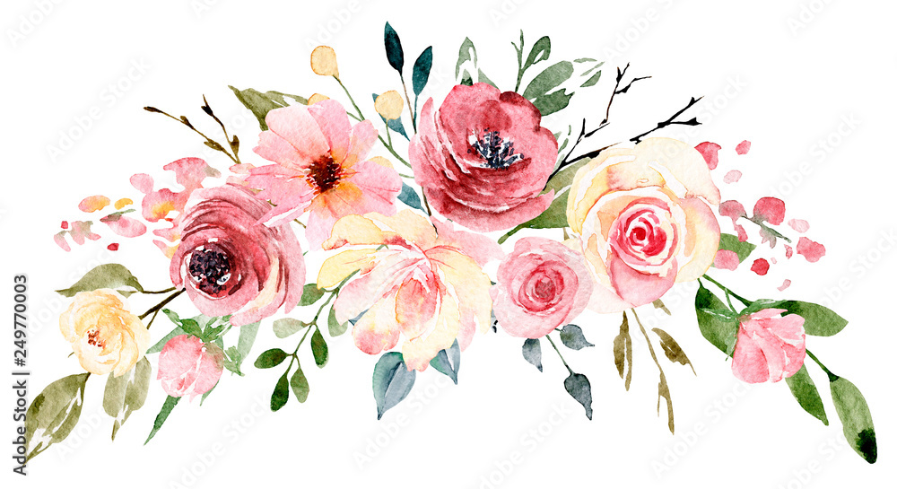 Kwiaty w akwarela, bukiet kwiatowy na kartkę z życzeniami, zaproszenie i  inne projekty do druku. Na białym tle. Rysunek odręczny. #423411262 - Róże  - Twoje-Fototapety.pl