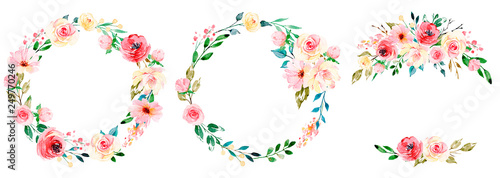 Wreaths with watercolor flowers, floral set for greeting card, invitation and other printing design. Isolated on white. Hand drawing.