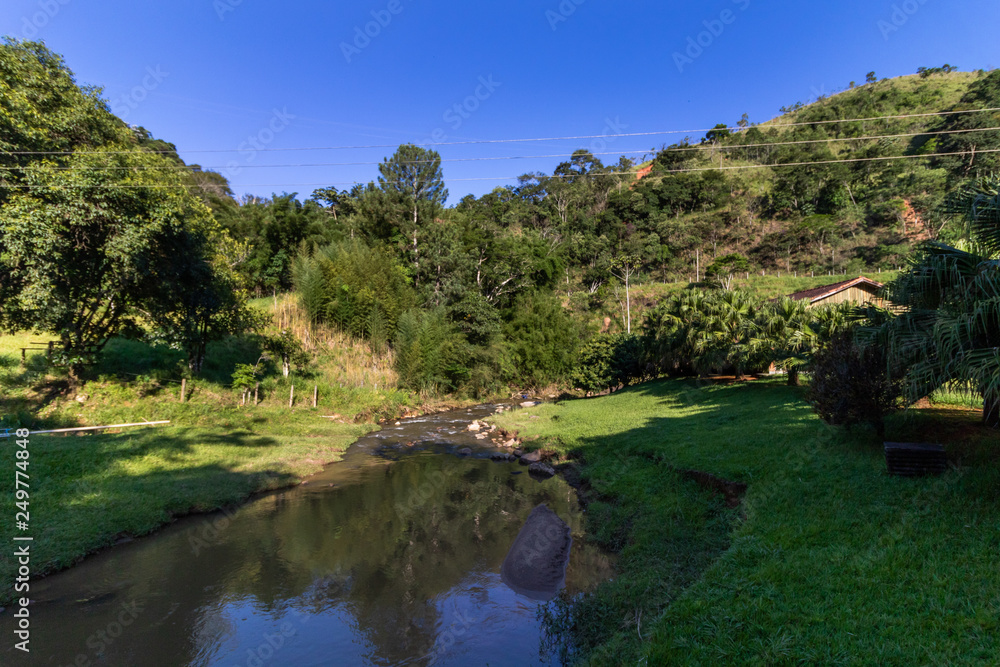 view of a river in the mountains to sunset