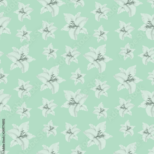Watercolor seamless pattern with illustration of black and white lily flower on green background. Could be used as decoration for web design, cosmetics design, package, textile