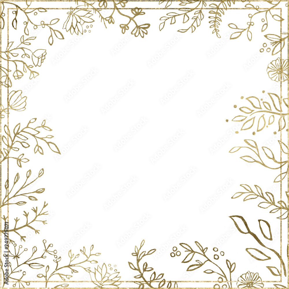  Watercolor frame with gold foliage and splashes on the white isolated background. Beautiful and elegant design.