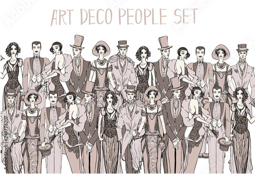 Vector art deco people set. Gatsby style set. Group of retro woman and man. design in 20's style. sketch style mafia and gangsters