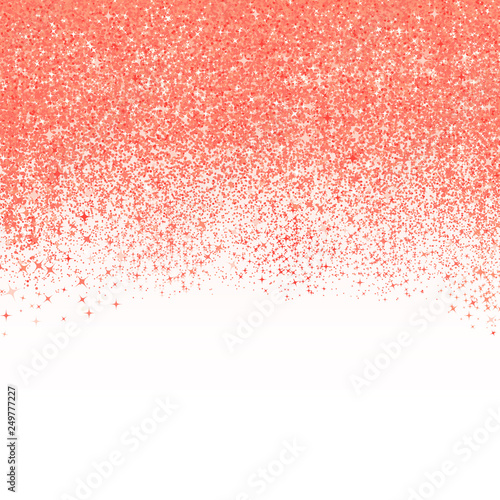 Confetti in shades of living coral border isolated on white. The color of 2019 year. Falling sparkles dots. Shiny dust vector background. Rose gold glitter texture effect