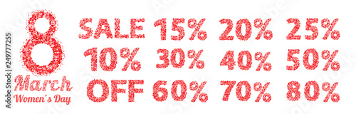 Womens’s day sale sign with letters and numbers made of hearts .  Set of special offer discount percent labels. Vector illustration. Easy to edit elements of design for shop advertising and promotion.