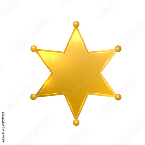 Realistic 3d sheriff star isolated on white background. Glossy gold police badge vector icon. Golden hexagonal star. Easy to edit template for your design projects.