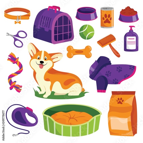 Pet shop icons set. Dog goods vector cartoon illustration. Animal food, toys, care and other stuff © Qualit Design