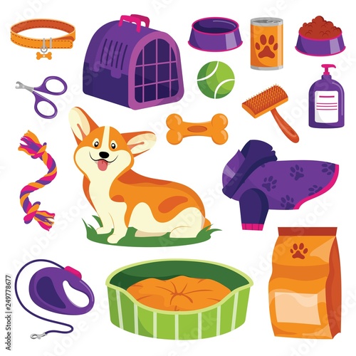 Pet shop icons set. Dog goods vector cartoon illustration. Animal food, toys, care and other stuff