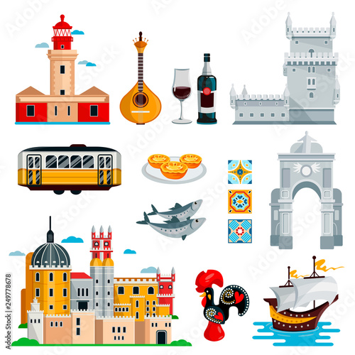 Travel to Portugal icons and isolated design elements set. Vector Portuguese and Lisbon culture symbols, food, landmarks
