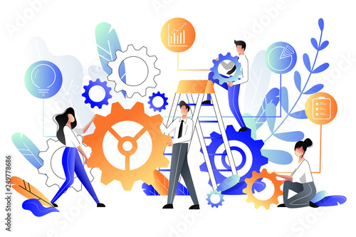 People build construction from gear cogs, business metaphor. Vector illustration. Teamwork and partnership concept.