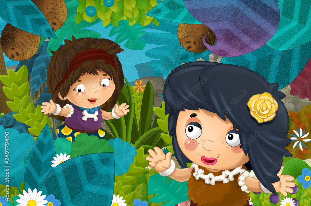 cartoon scene with caveman barbarian warrior woman in the jungle  illustration for children Stock Illustration | Adobe Stock