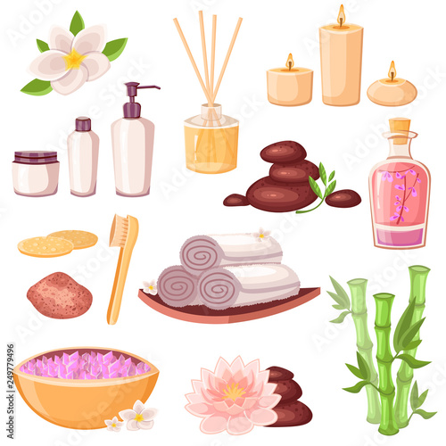 Spa massage and beauty salon icons set. Vector cartoon illustration. Body care and natural treatment concept
