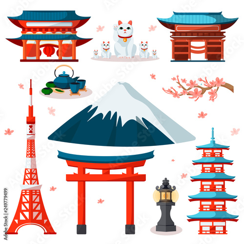 Travel to Asia, Japan icons and isolated design elements set. Vector Japanese and Tokyo culture symbols and landmarks