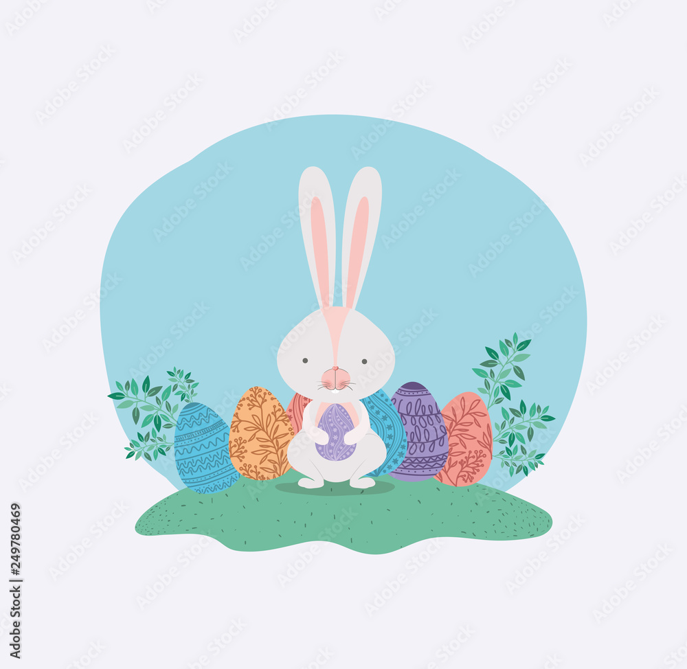 cute rabbit with eggs painted and leafs in the garden cute rabbit with eggs painted and leafs in the garden