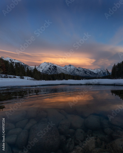 Winter sunset at Johnson Lake, Banff National Park, Travel Alberta, Canada, Canadian Rockies, North America, Landscape of Canada